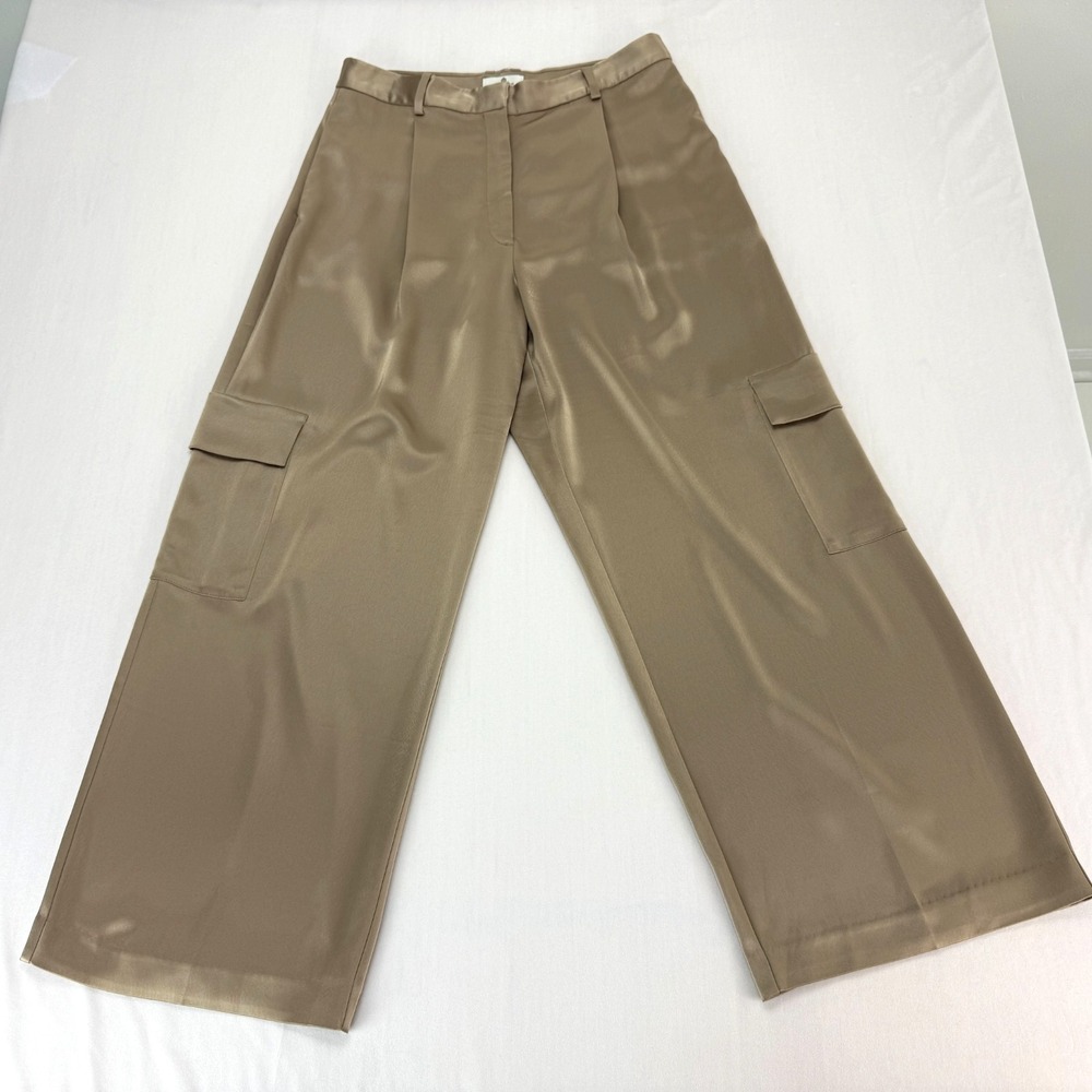 Babaton Aritzia Outgoing Satin Cargo Pants Womens 12 Taupe Pleated Party Holiday - Picture 2 of 15